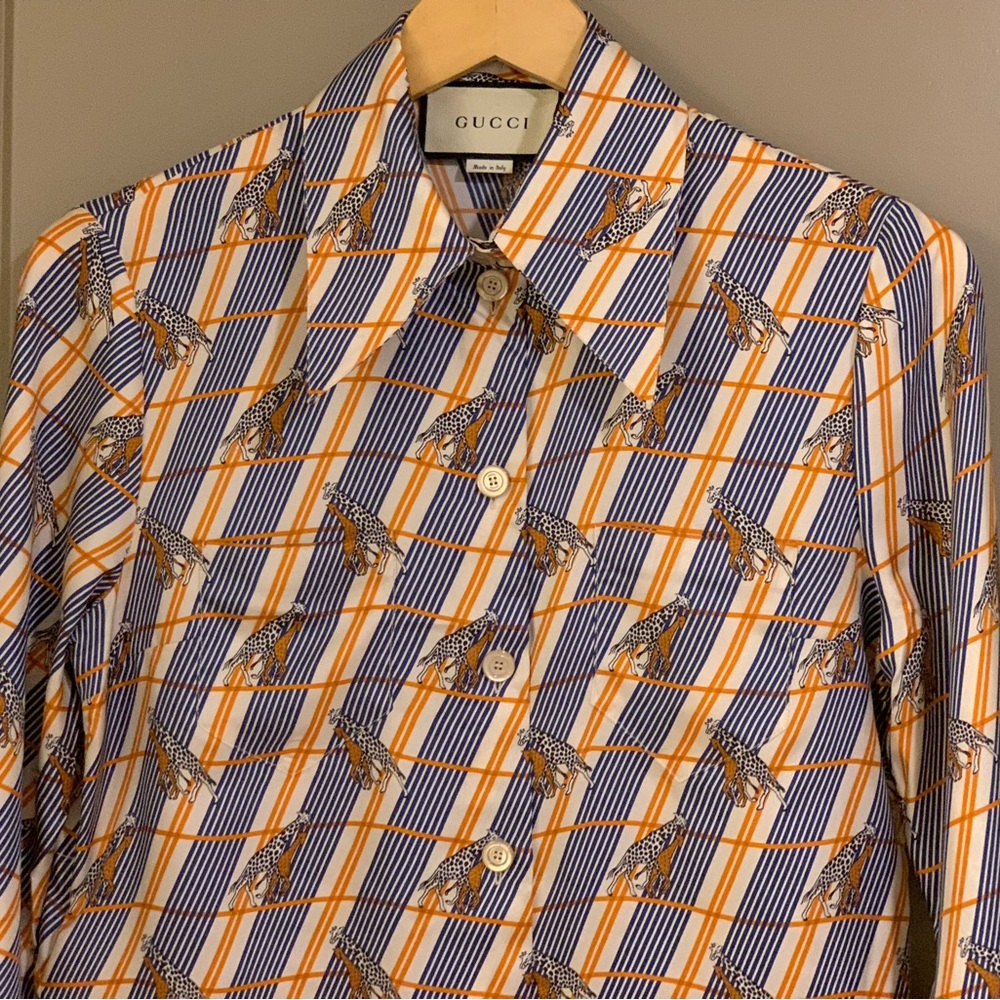 Gucci Silk Heritage Giraffe Twill Long Sleeve Button Up Blouse Italy Size 40 - Picture 6 of 16